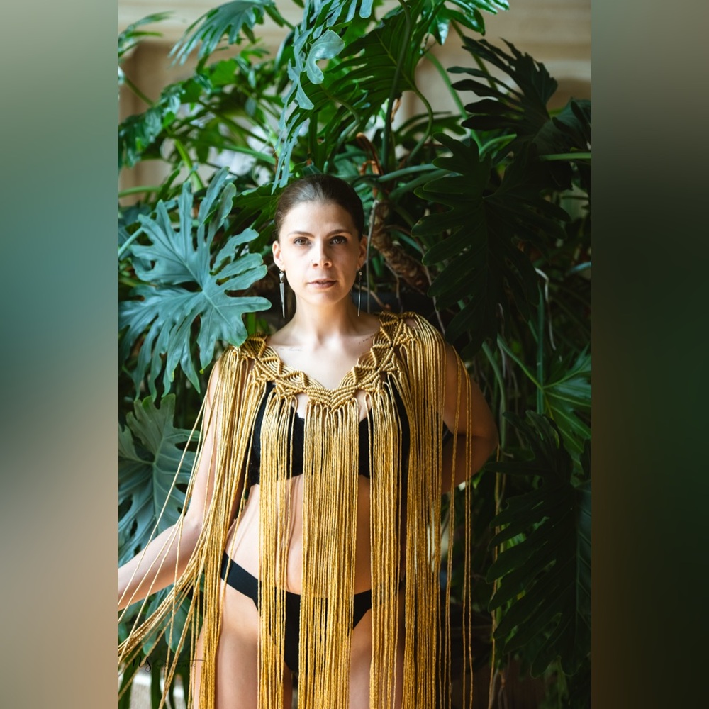 Original GoodVibeGoda Handmade Macramé Gold Fringe Women's Swim Cover-Up - Picture 8 of 9